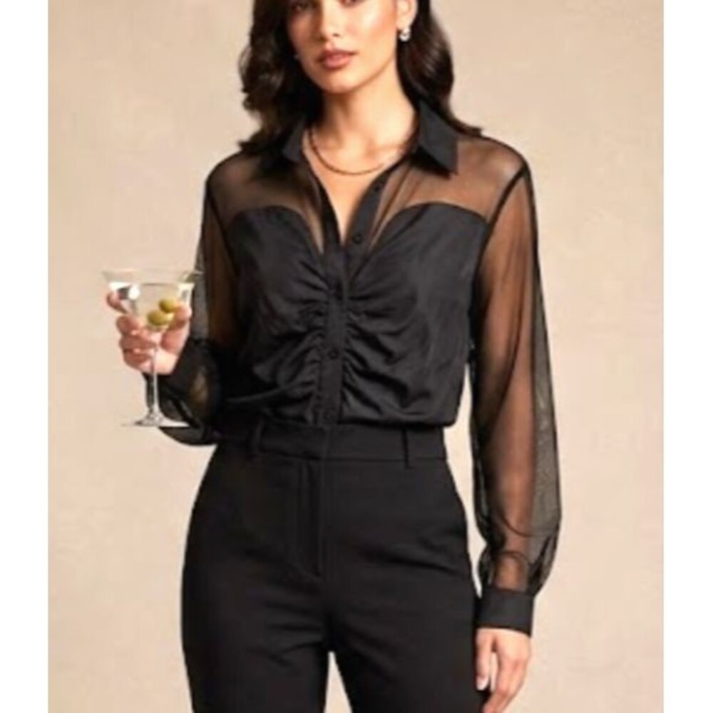 Y2K Spoon Black Satin Button Blouse Size 1X Sheer Sleeve Ruched Front Whimsigoth